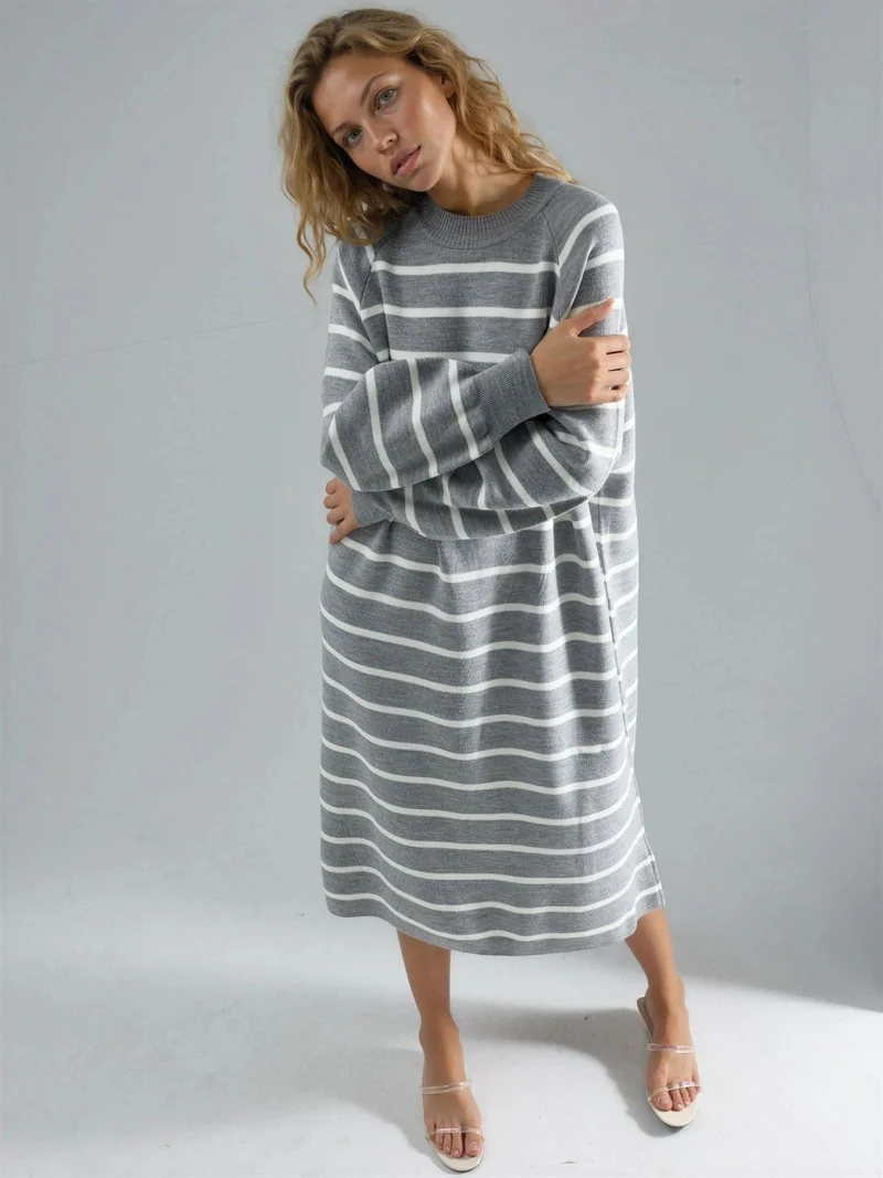 MY FASHION Long Sleeve Striped Ribbed Knit Dress